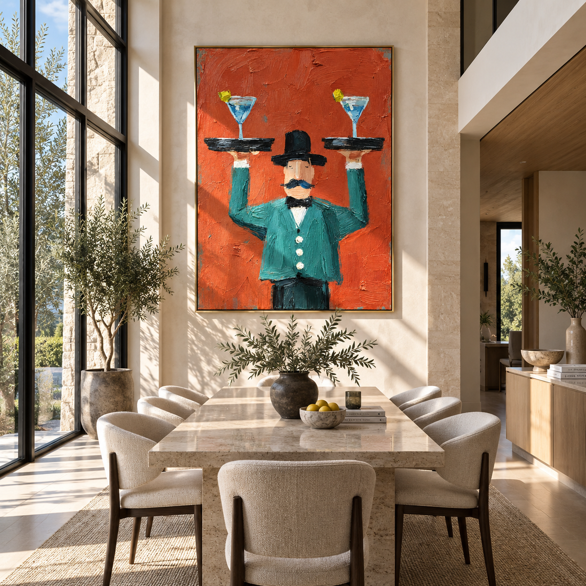 Blue Martinis Above Coral - waiter balancing martini trays painting, modern figurative vertical textured wall art - displayed in a lively restaurant lounge