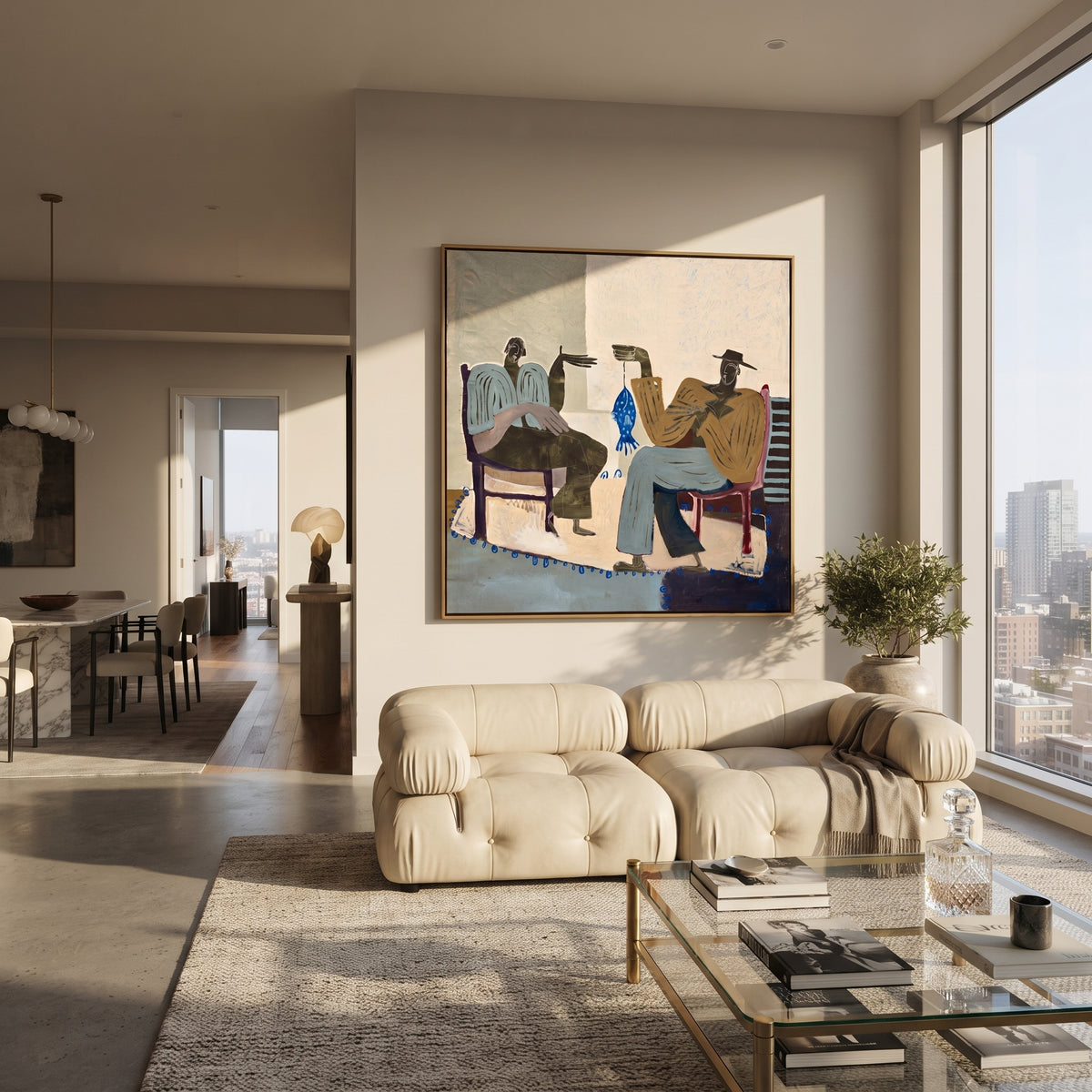 The Blue Fish Between Us - two seated folk figures painting, modern figurative square textured wall art - displayed in a creative home office