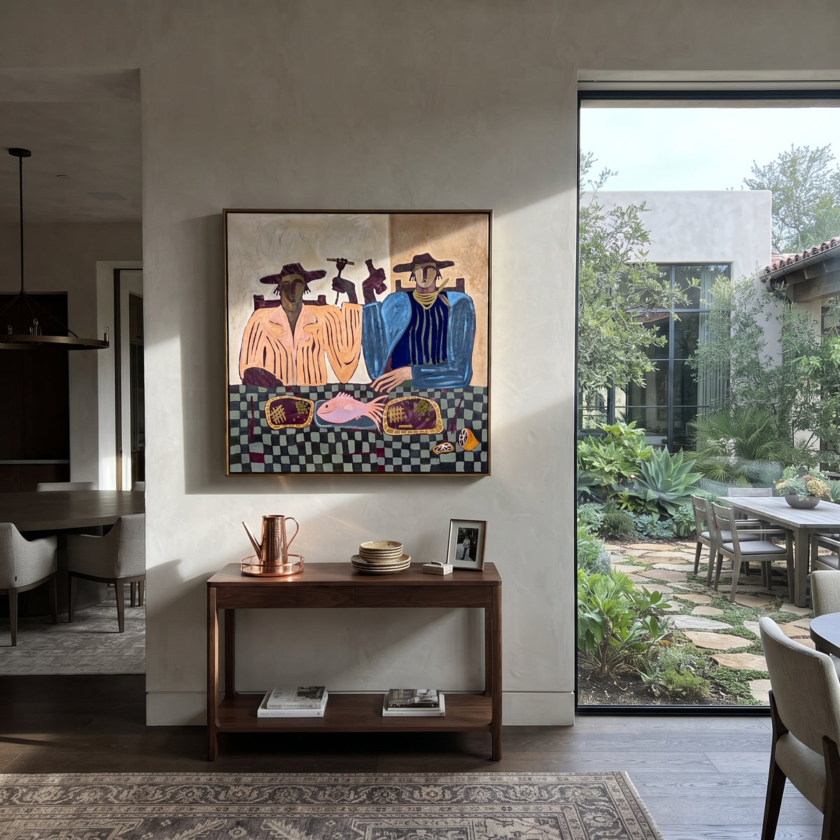 Two Brims Set the Table - cowboy dinner companions painting, modern figurative square textured wall art - displayed in a boutique restaurant lounge