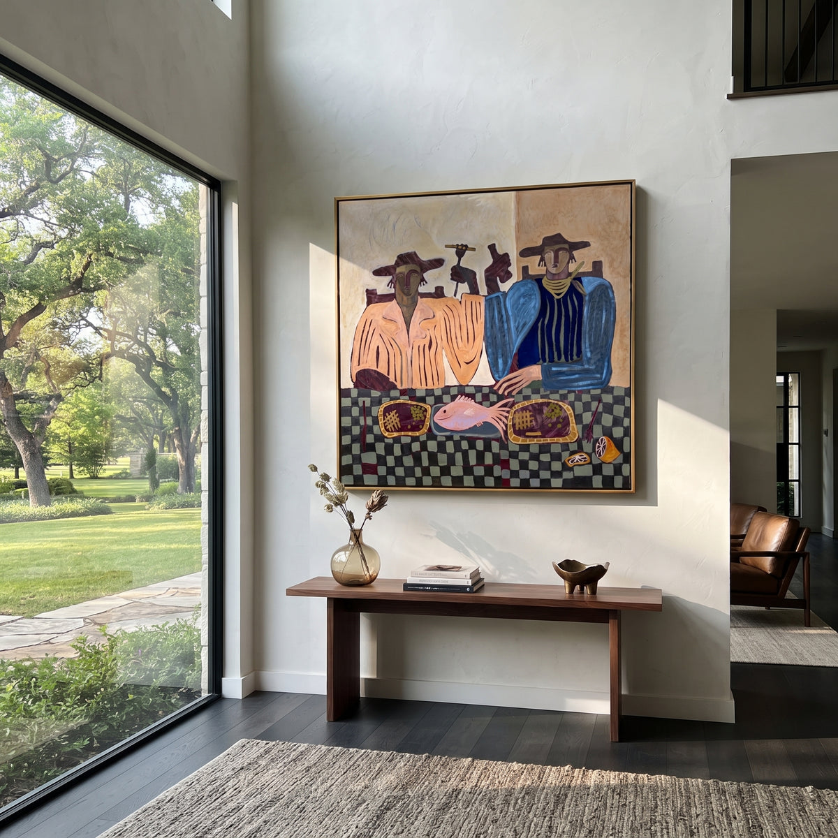 Two Brims Set the Table - cowboy dinner companions painting, modern figurative square textured wall art - displayed in a colorful hotel suite