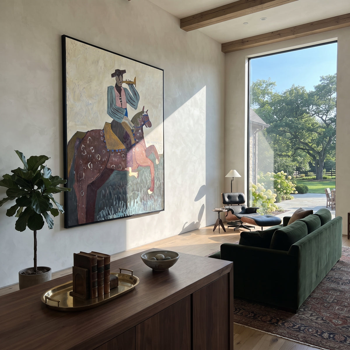 The Brass Call Rides High - cowboy trumpeter on horse painting, modern figurative vertical textured wall art - displayed in a tall entryway