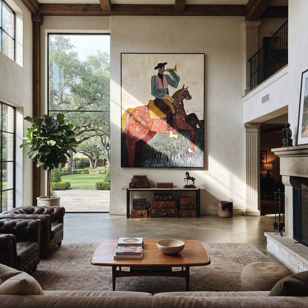 The Brass Call Rides High - cowboy trumpeter on horse painting, modern figurative vertical textured wall art - displayed along a boutique hotel corridor
