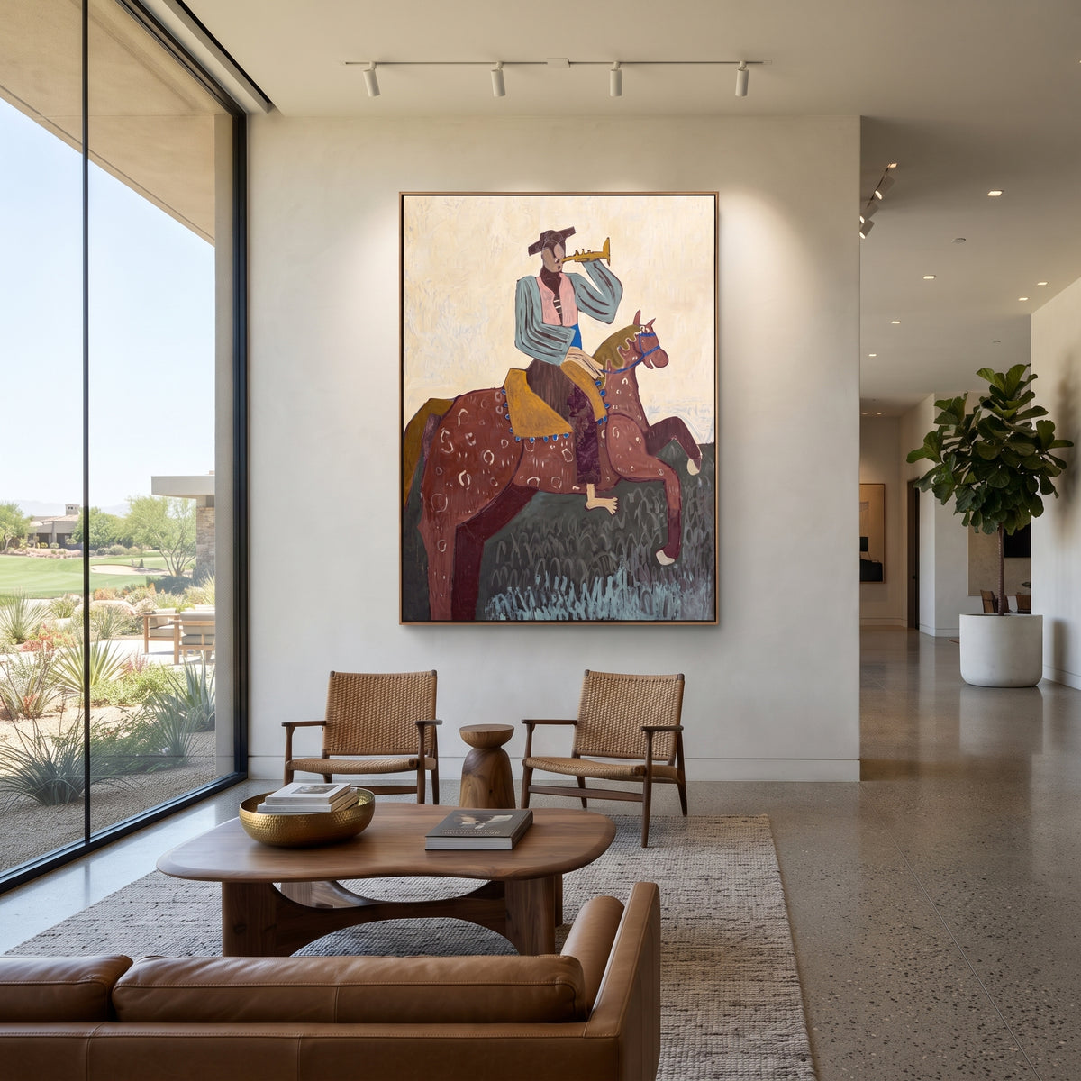 The Brass Call Rides High - cowboy trumpeter on horse painting, modern figurative vertical textured wall art - displayed beside a leather reading chair
