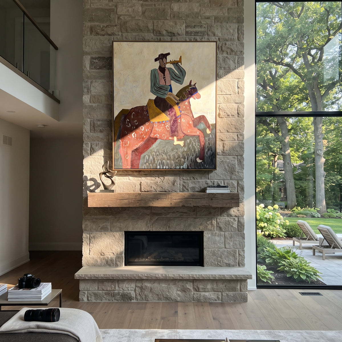 The Brass Call Rides High - cowboy trumpeter on horse painting, modern figurative vertical textured wall art - displayed at the end of a bright hallway