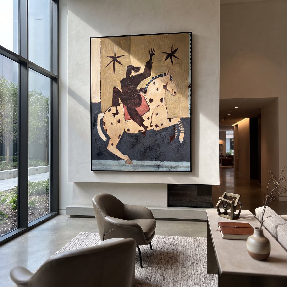 Stars Answer the Raised Hand - rider on spotted white horse painting, modern figurative vertical textured wall art - displayed beside a bedroom reading chair
