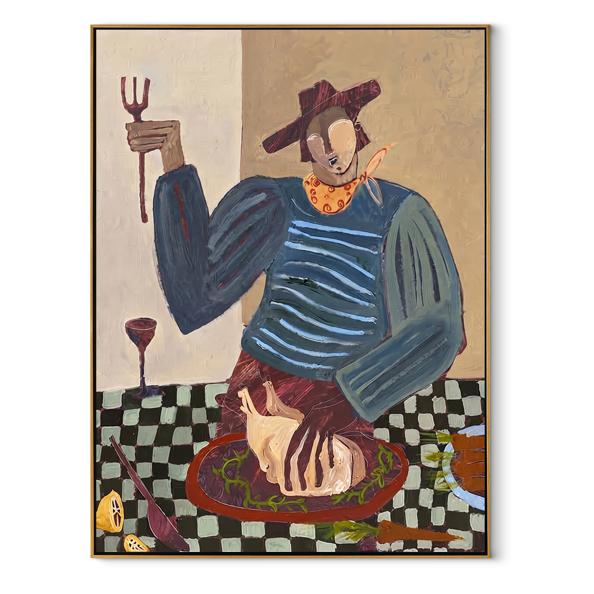 The Midnight Cook Keeps Time - striped chef preparing dinner painting, modern figurative vertical textured wall art - wood frame on white background