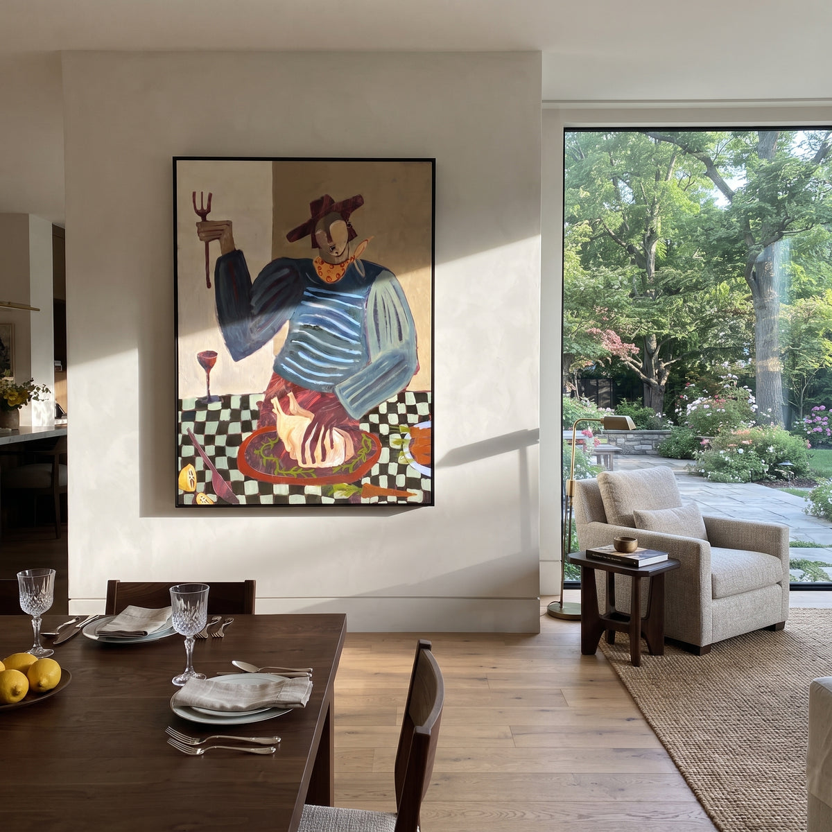 The Midnight Cook Keeps Time - striped chef preparing dinner painting, modern figurative vertical textured wall art - displayed in a colorful kitchen