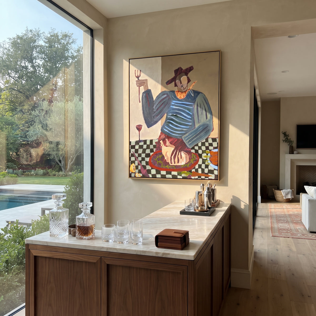 The Midnight Cook Keeps Time - striped chef preparing dinner painting, modern figurative vertical textured wall art - displayed in a hotel dining lounge