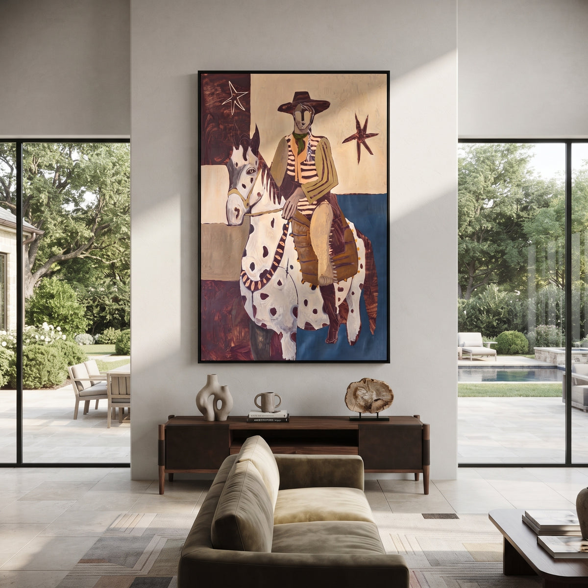 The Spotted Mare Holds Dawn - cowboy on white pinto horse painting, modern figurative vertical textured wall art - displayed along a boutique hotel corridor