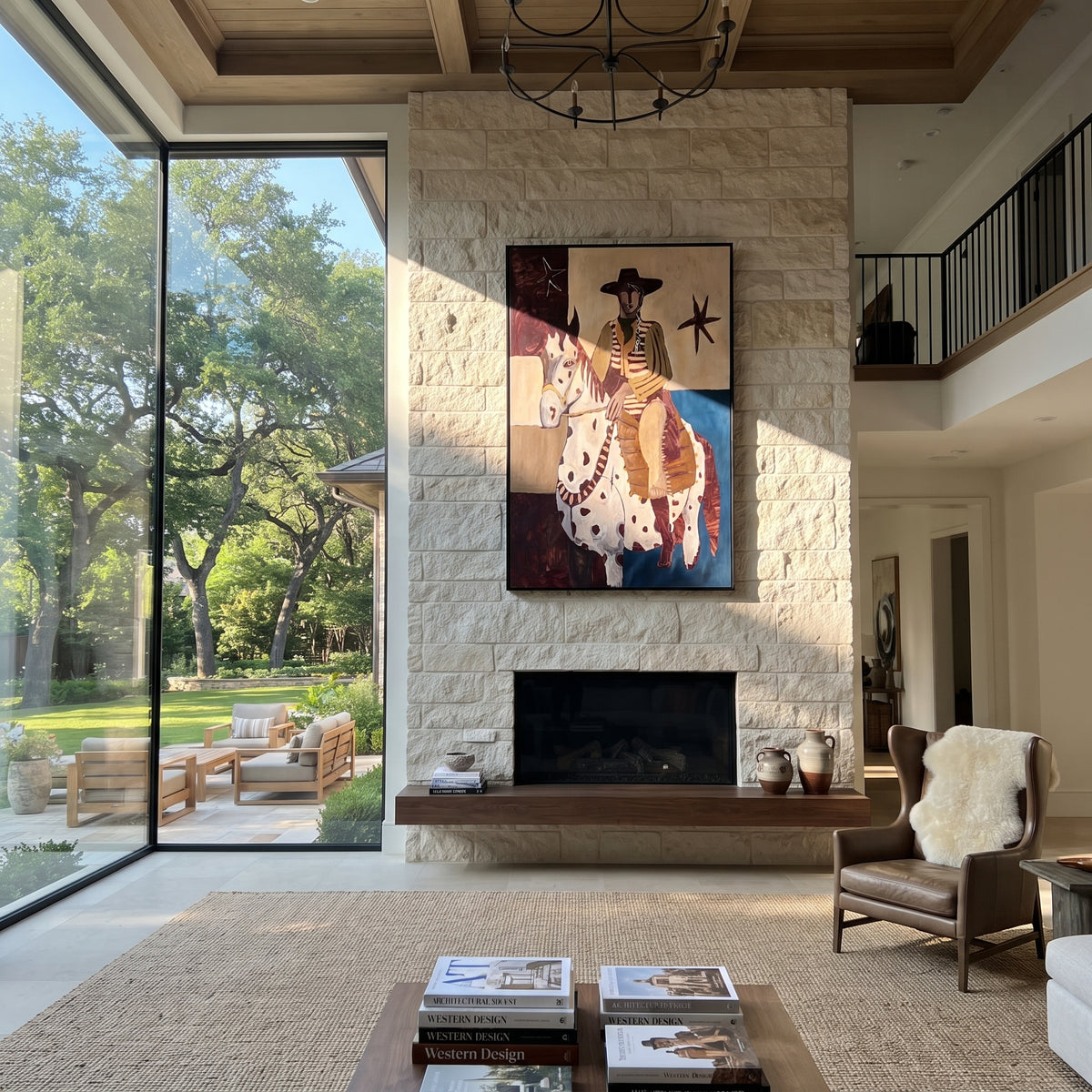 The Spotted Mare Holds Dawn - cowboy on white pinto horse painting, modern figurative vertical textured wall art - displayed at the end of a warm hallway