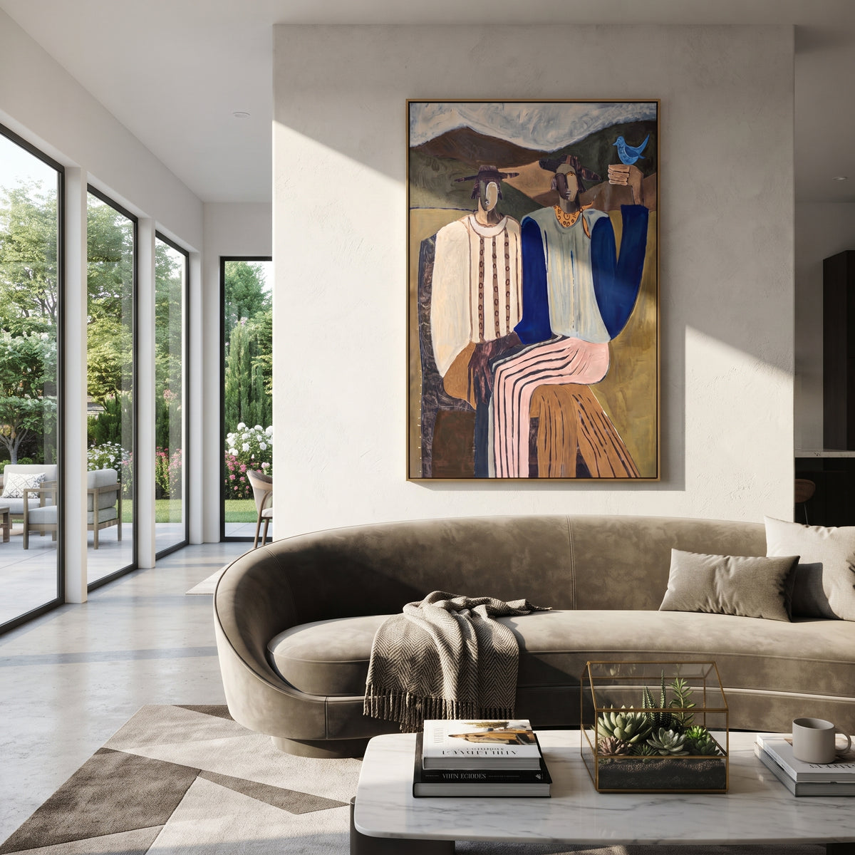 Blue Bird Joins the Gathering - two seated mountain figures painting, modern figurative vertical textured wall art - displayed in a quiet hotel suite