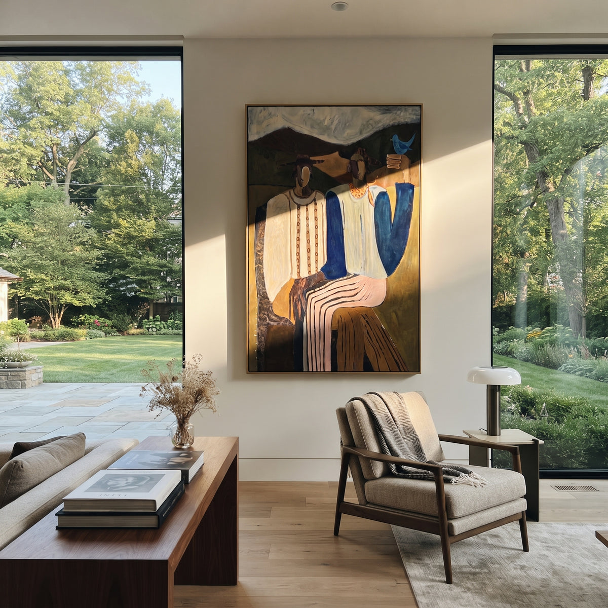 Blue Bird Joins the Gathering - two seated mountain figures painting, modern figurative vertical textured wall art - displayed over a narrow oak console