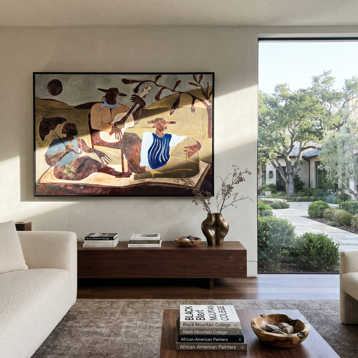 Three Musicians Hold the Plain - western folk band landscape painting, modern figurative horizontal textured wall art - displayed above a long living room sofa