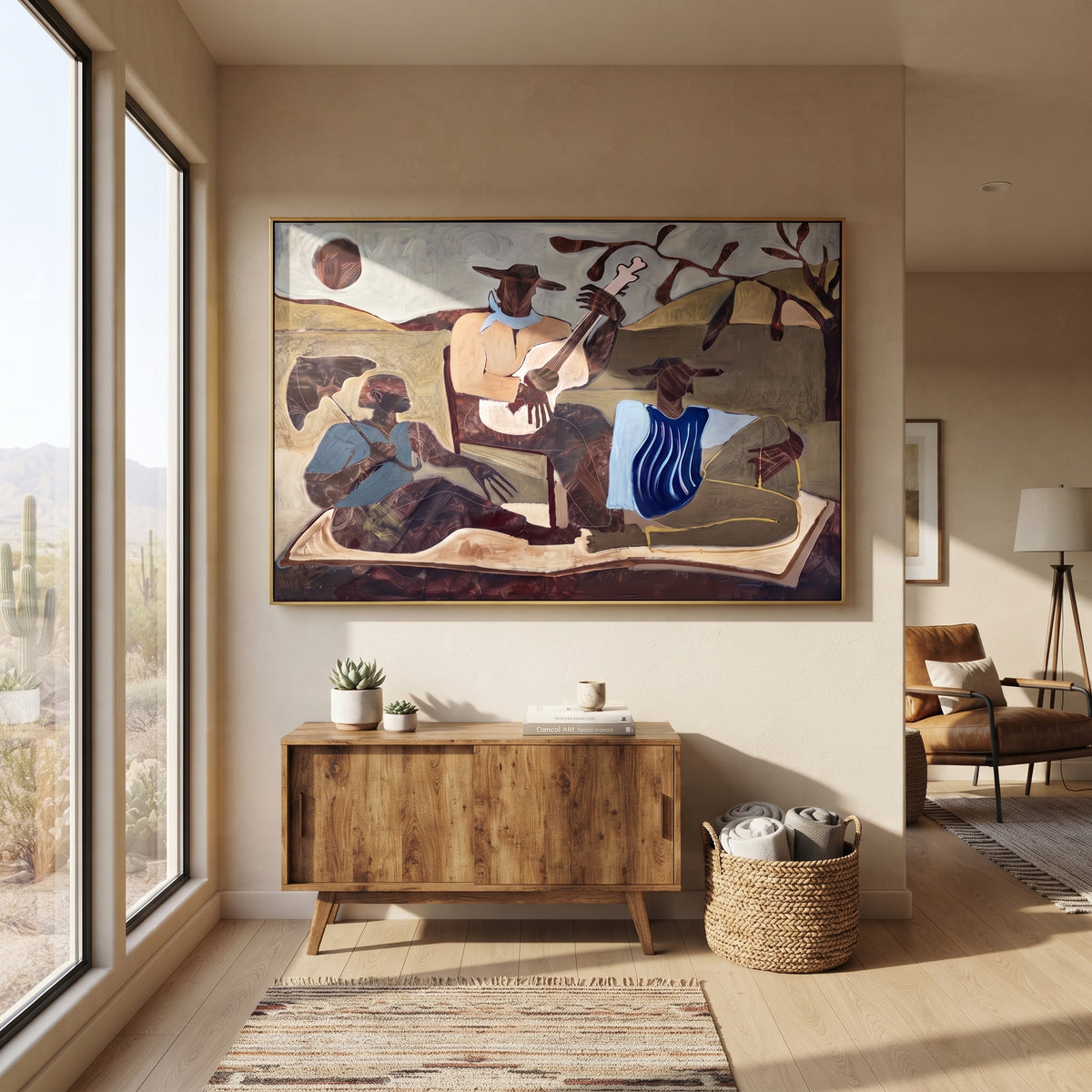 Three Musicians Hold the Plain - western folk band landscape painting, modern figurative horizontal textured wall art - displayed in a boutique hotel lounge