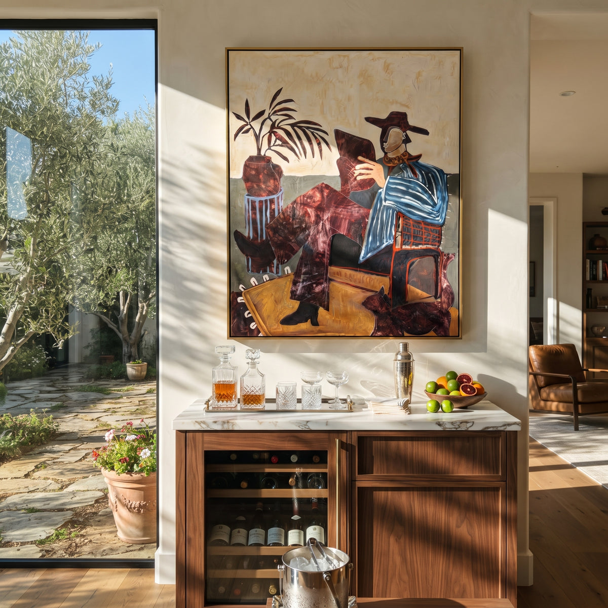 The Reader and the Waiting Dog - seated cowboy reading painting, modern figurative vertical textured wall art - displayed beside a living room bookshelf