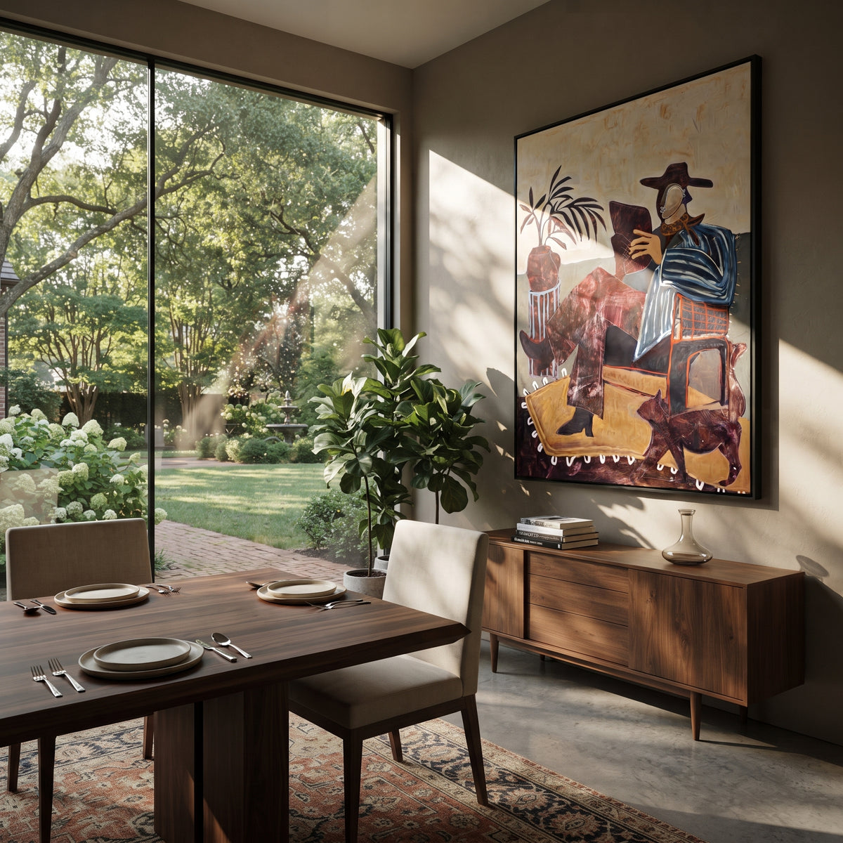 The Reader and the Waiting Dog - seated cowboy reading painting, modern figurative vertical textured wall art - displayed over a narrow console