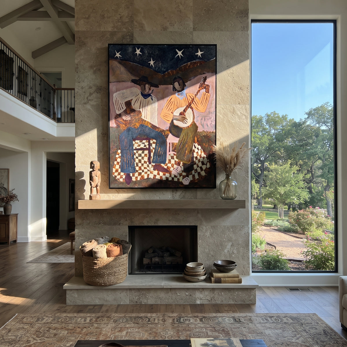 Two Strings Beneath the Stars - guitar and banjo musicians painting, modern figurative vertical textured wall art - displayed above a living room console
