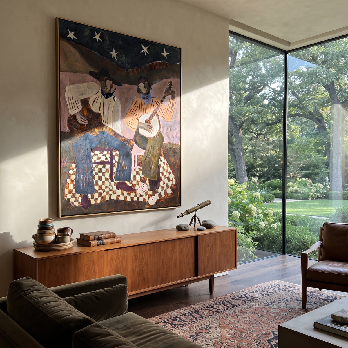 Two Strings Beneath the Stars - guitar and banjo musicians painting, modern figurative vertical textured wall art - displayed in a boutique hotel lounge