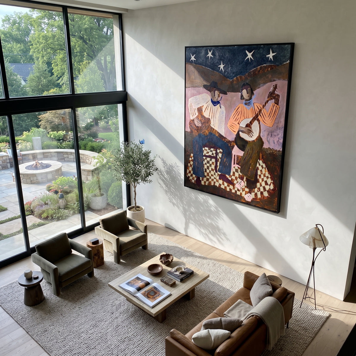 Two Strings Beneath the Stars - guitar and banjo musicians painting, modern figurative vertical textured wall art - displayed over a music cabinet