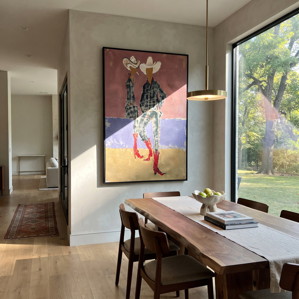 Two Hats Color Passage wall art shown above contemporary furnishings