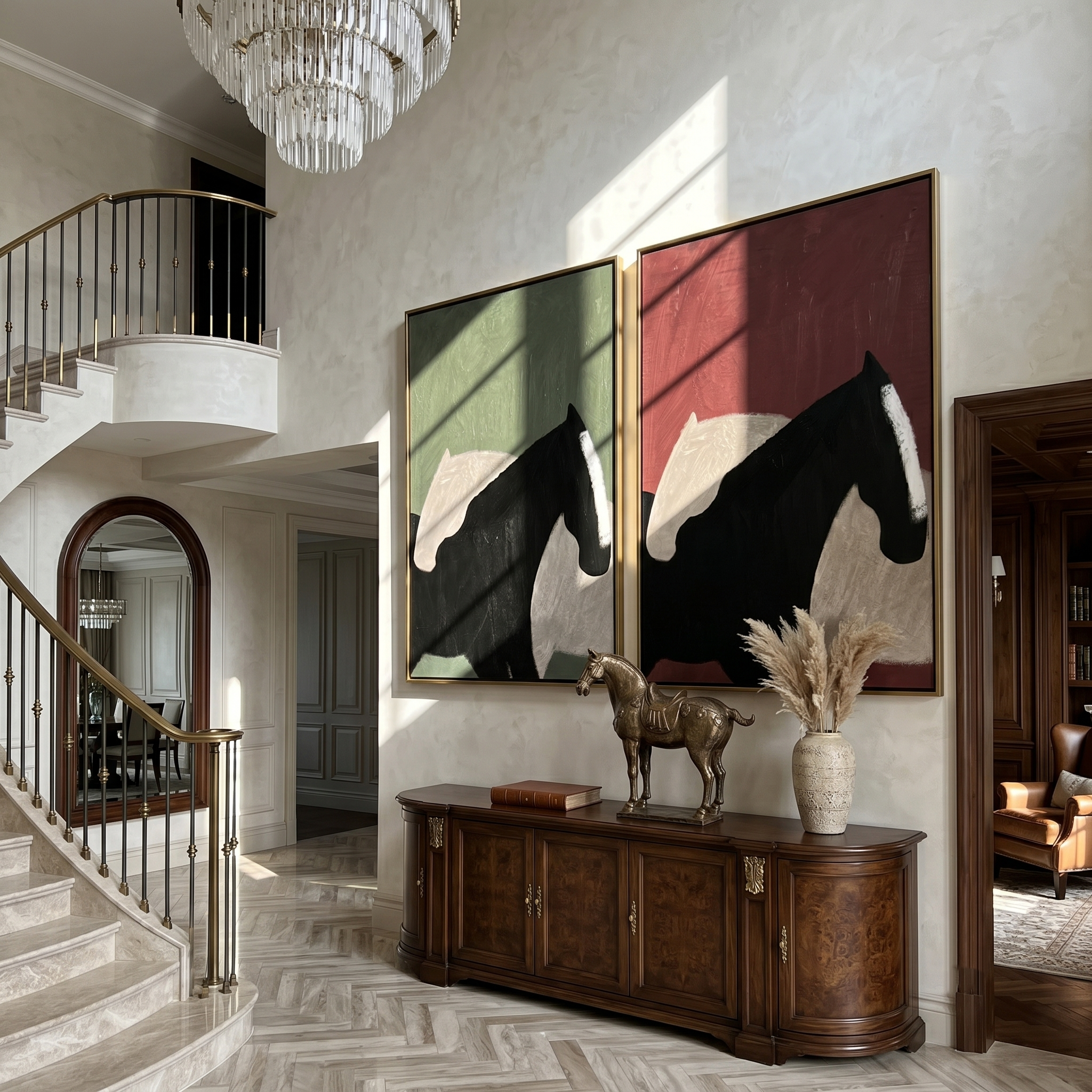 Dark Horse Diptych – Vintage Americana Abstract Black Horse Two-Panel Painting | Contemporary Modern Living Room Art