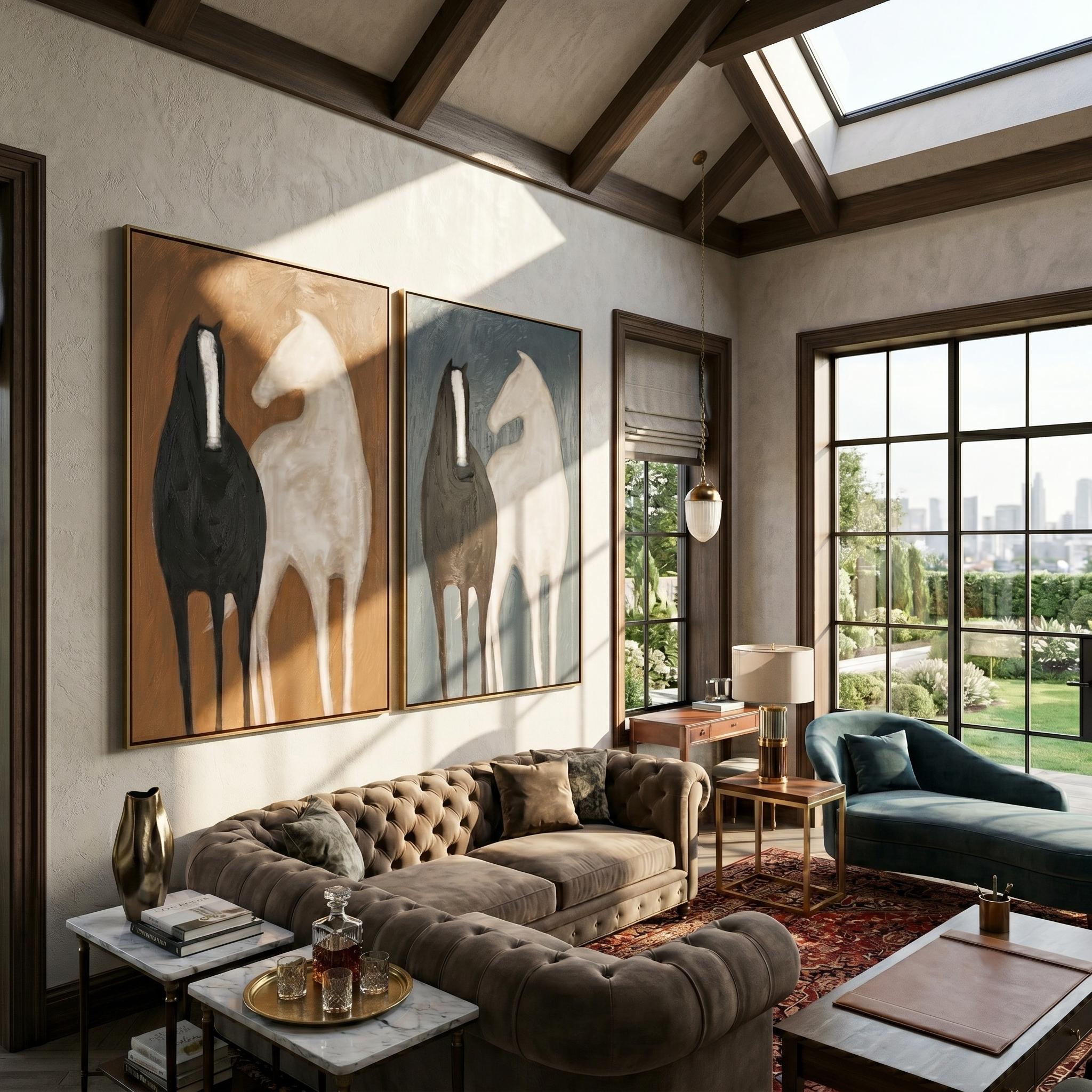 Two Grounds Diptych – Vintage Americana Black & Cream Horse Two-Panel Painting | Modern Luxury Living Room Art