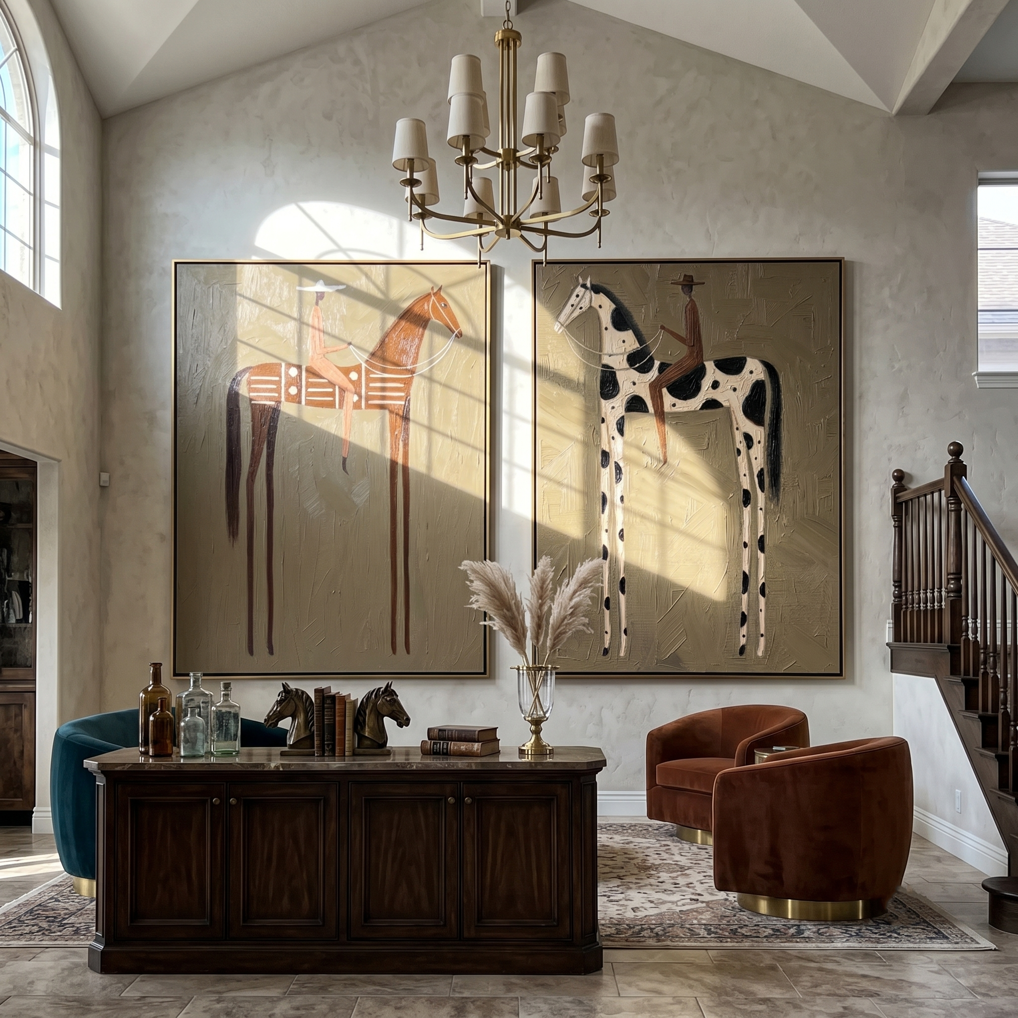 Desert Riders Diptych – Vintage Americana Two Folk Riders Two-Panel Painting | Modern Farmhouse Living Room Art