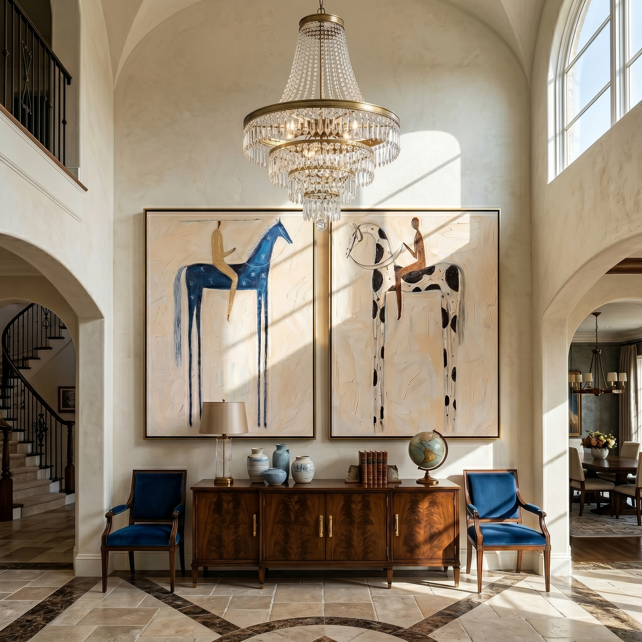 Blue & Spot Diptych – Vintage Americana Two Folk Riders Two-Panel Painting | Wabi-Sabi Living Room Art
