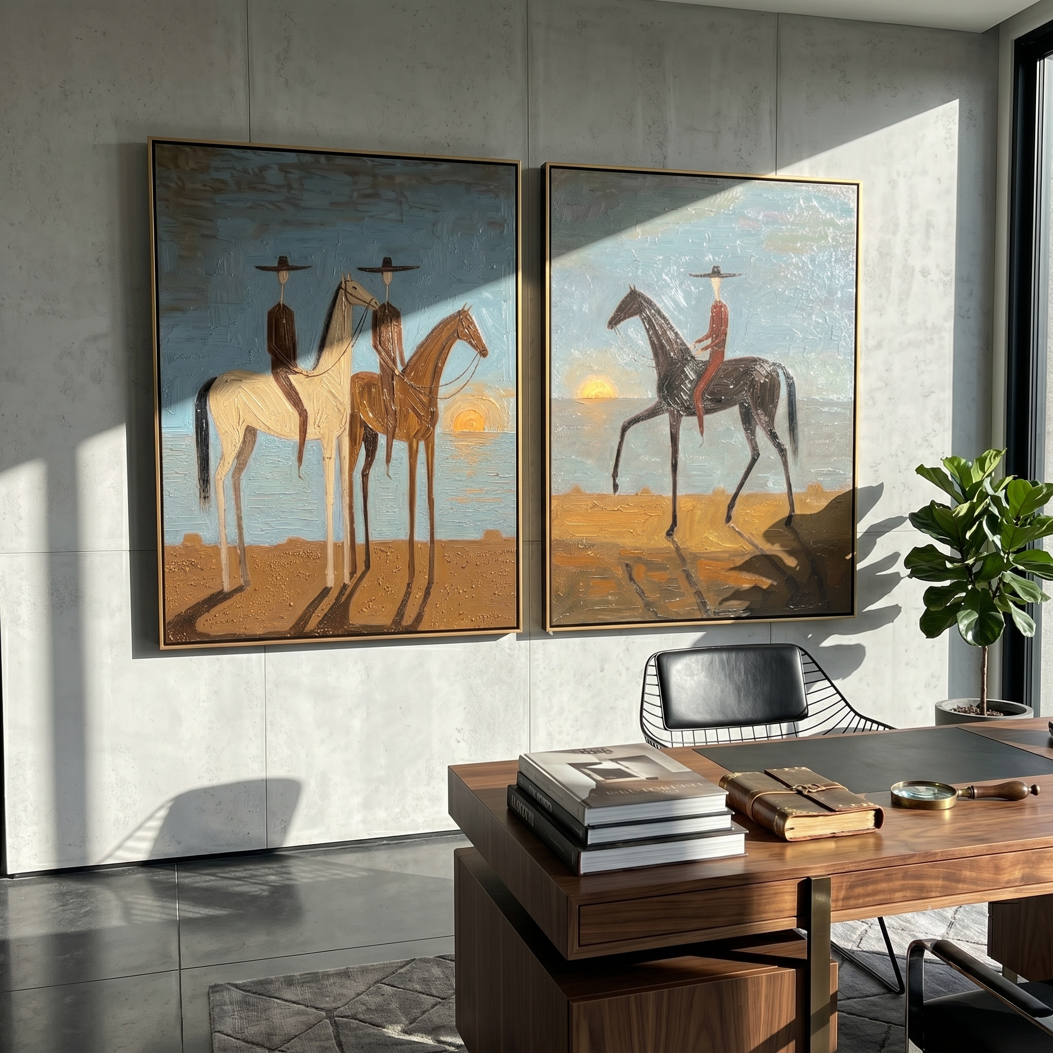 Dusk Riders Diptych – Vintage Americana Cowboys at Sunset Two-Panel Painting | Atmospheric Western Living Room Art