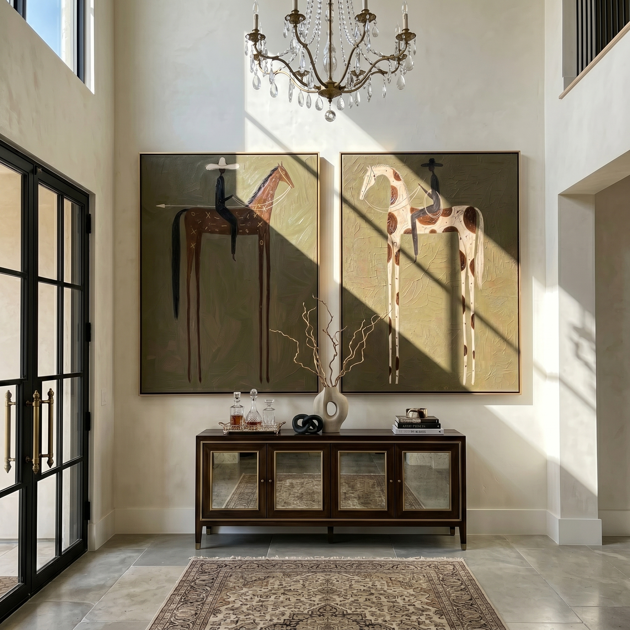 Olive Pair Diptych – Vintage Americana Two Folk Riders Two-Panel Painting | Wabi-Sabi Living Room Art