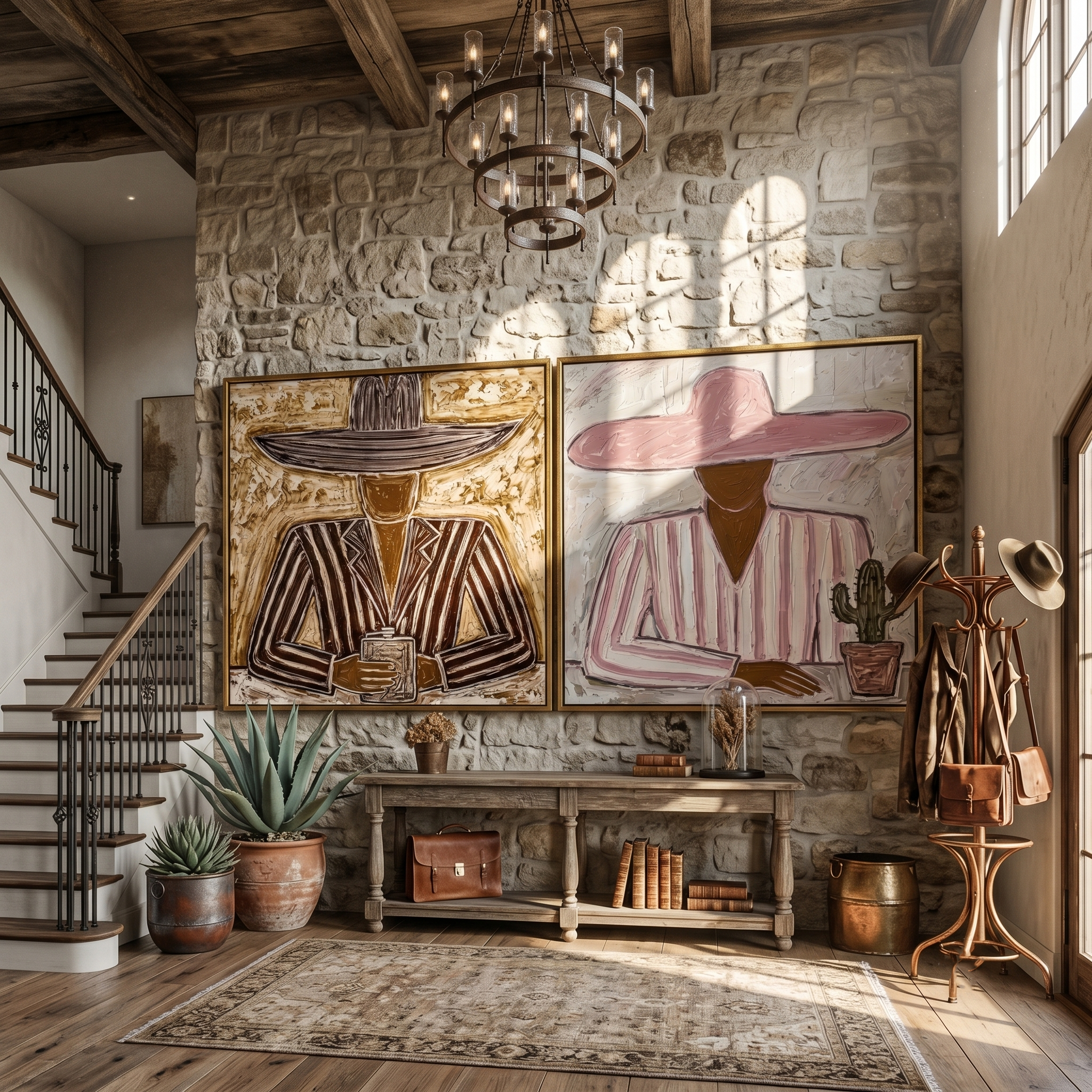 Hat & Cactus Diptych – Vintage Americana Two Sombrero Figures Two-Panel Painting | Colorful Rustic Living Room Art