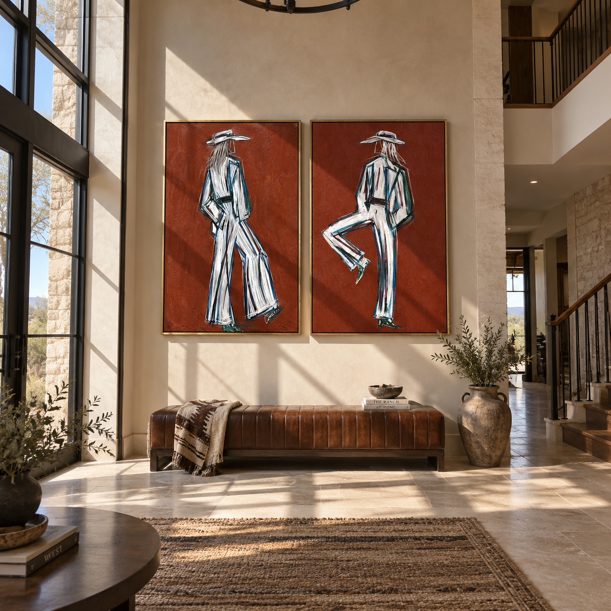 White Suits Cross Terra western figure diptych displayed in a sunlit ranch-style entryway