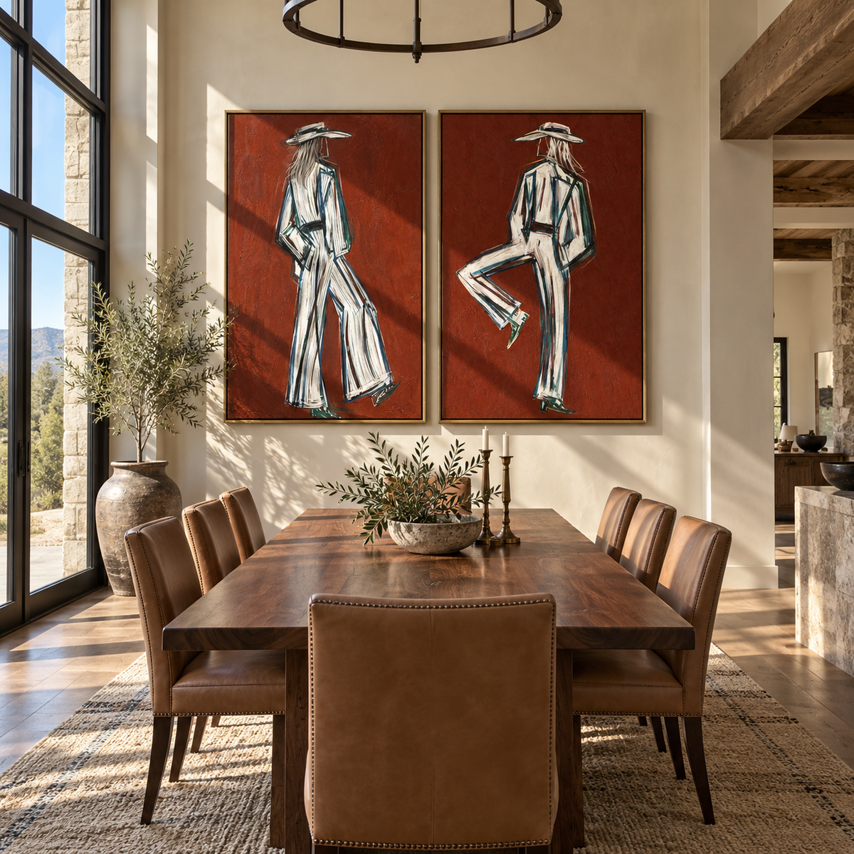 White Suits Cross Terra western figure diptych displayed above a walnut dining table