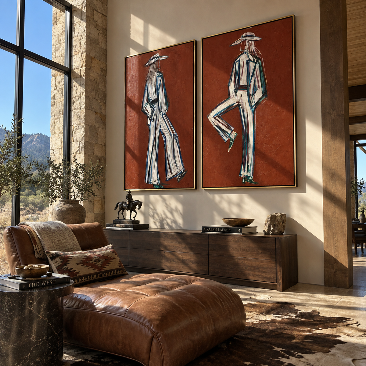 White Suits Cross Terra western figure diptych displayed over a dark wood living room console