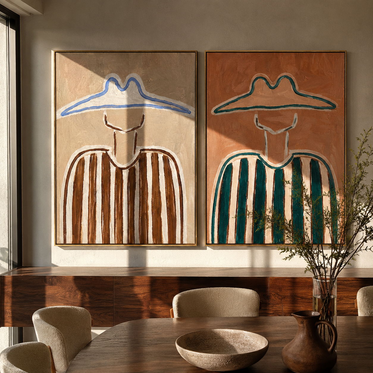 Striped Riders Stand Together Western diptych displayed in a contemporary interior