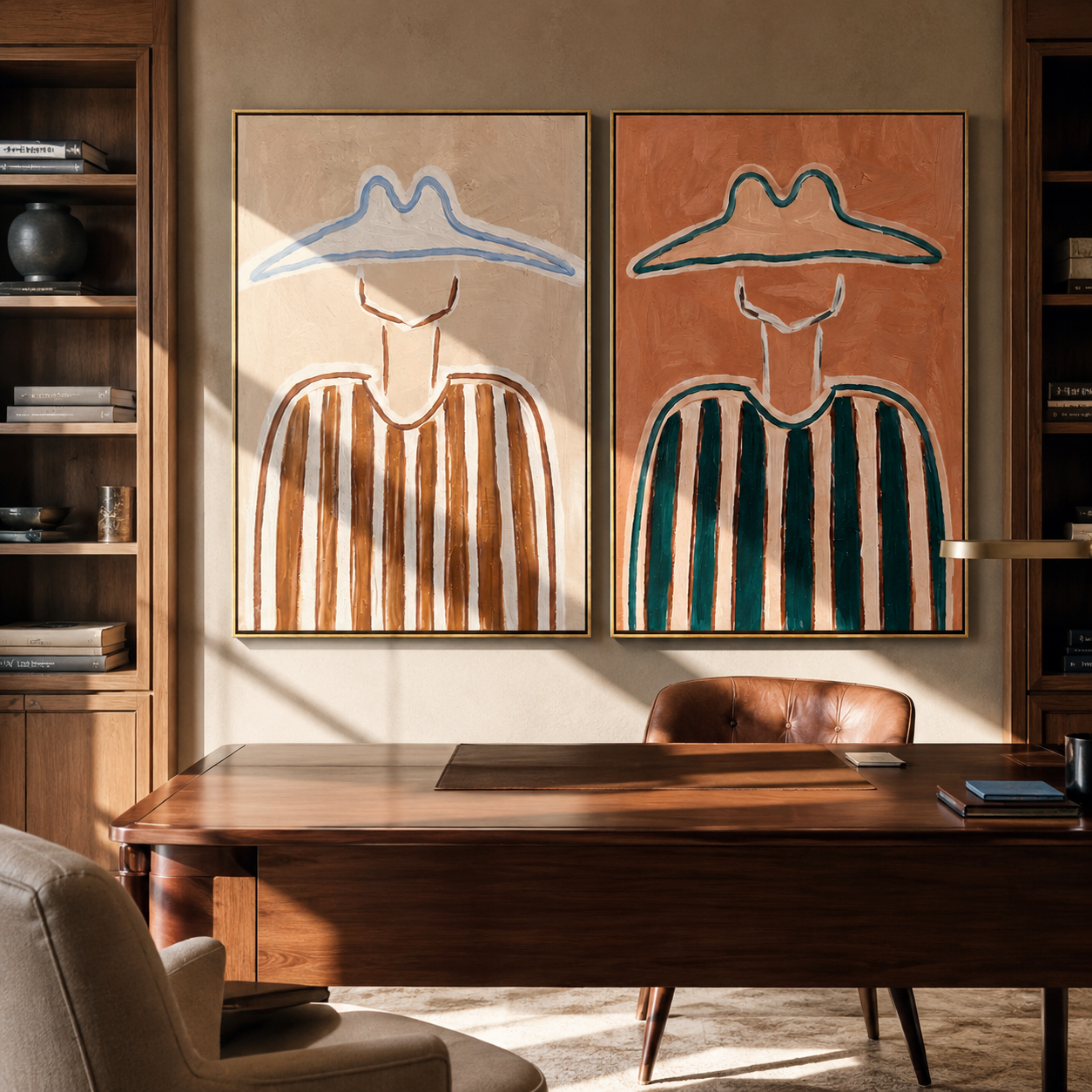 Striped Riders Stand Together Vintage Americana diptych in a collected room