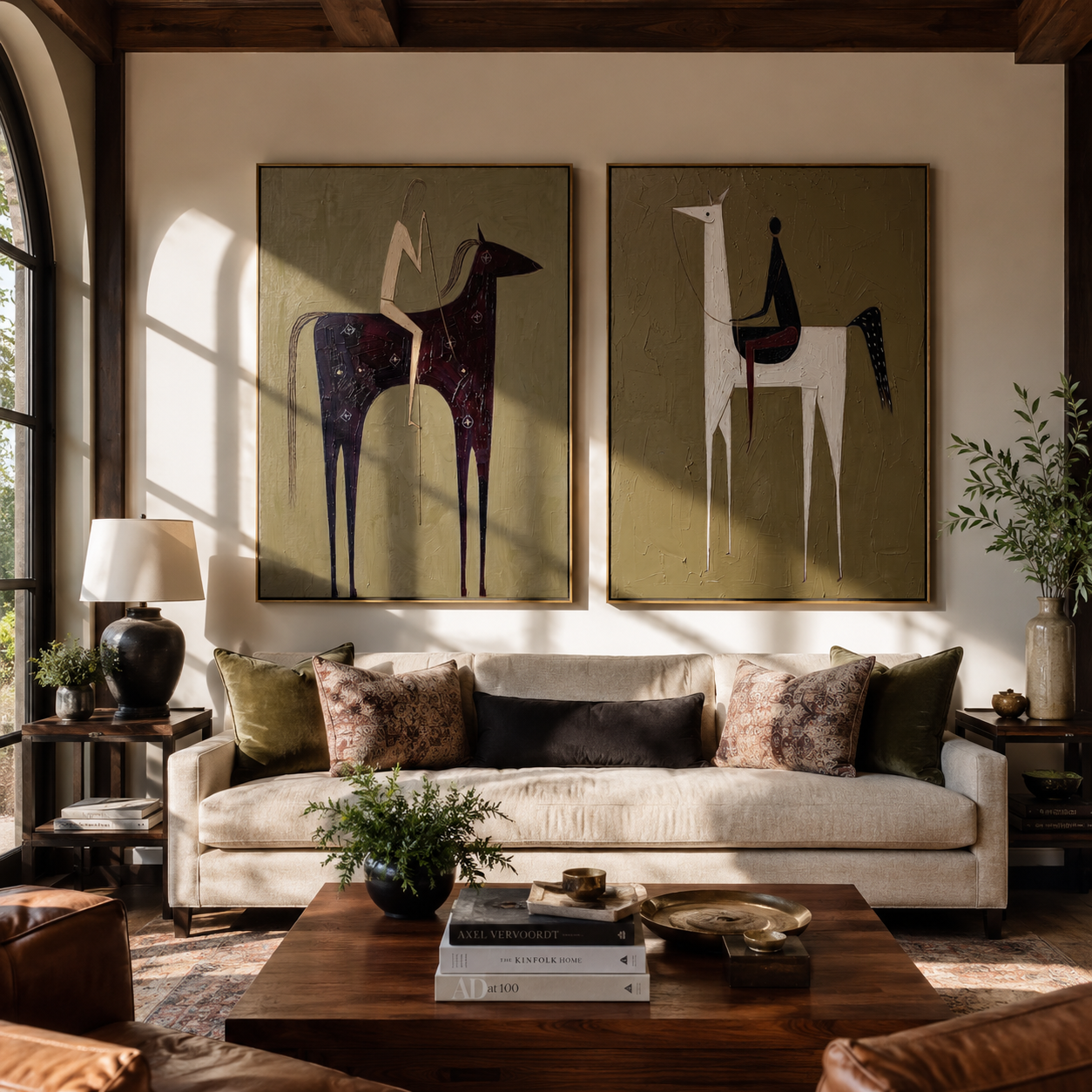 Tall Riders Hold Still Vintage Americana diptych in a collected room