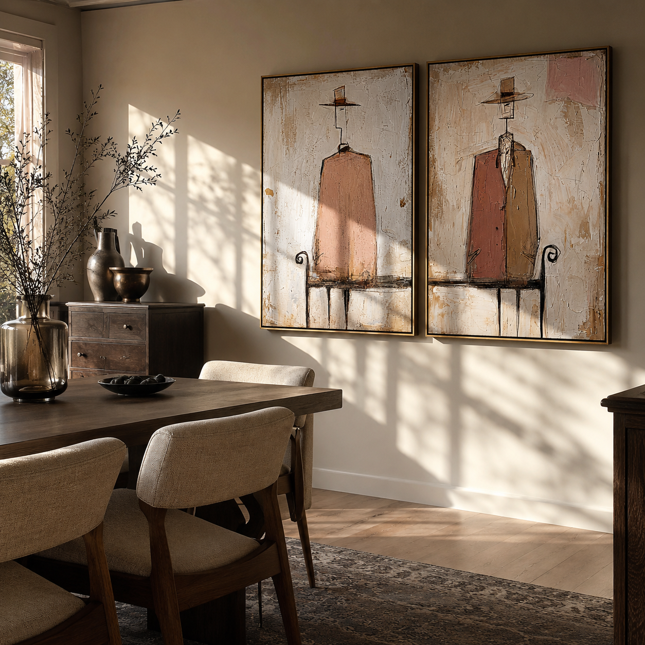Blush Figures Share Silence Western diptych displayed in a contemporary interior