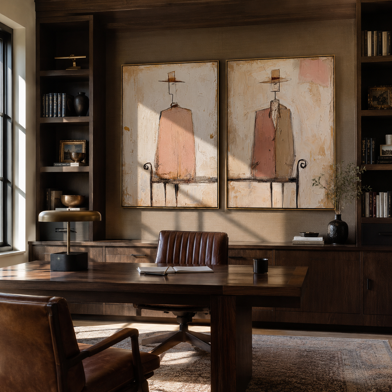 Blush Figures Share Silence Vintage Americana diptych in a collected room