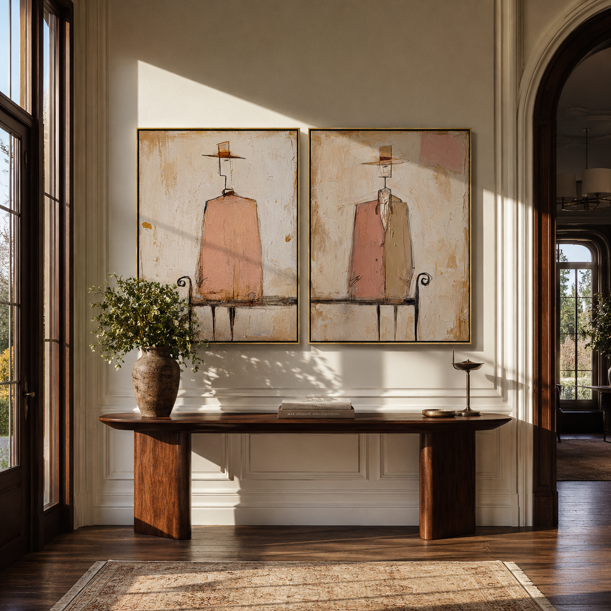 Blush Figures Share Silence diptych presented with natural materials and decor