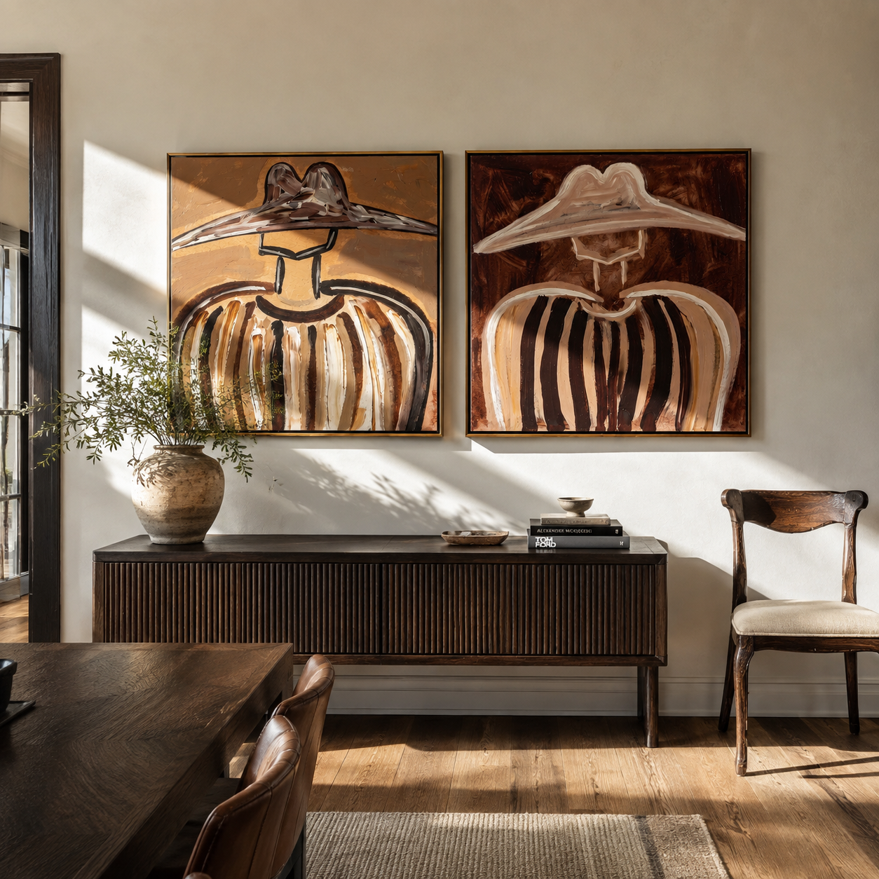 Close Brims Frame Daylight paired wall art styled above modern furniture