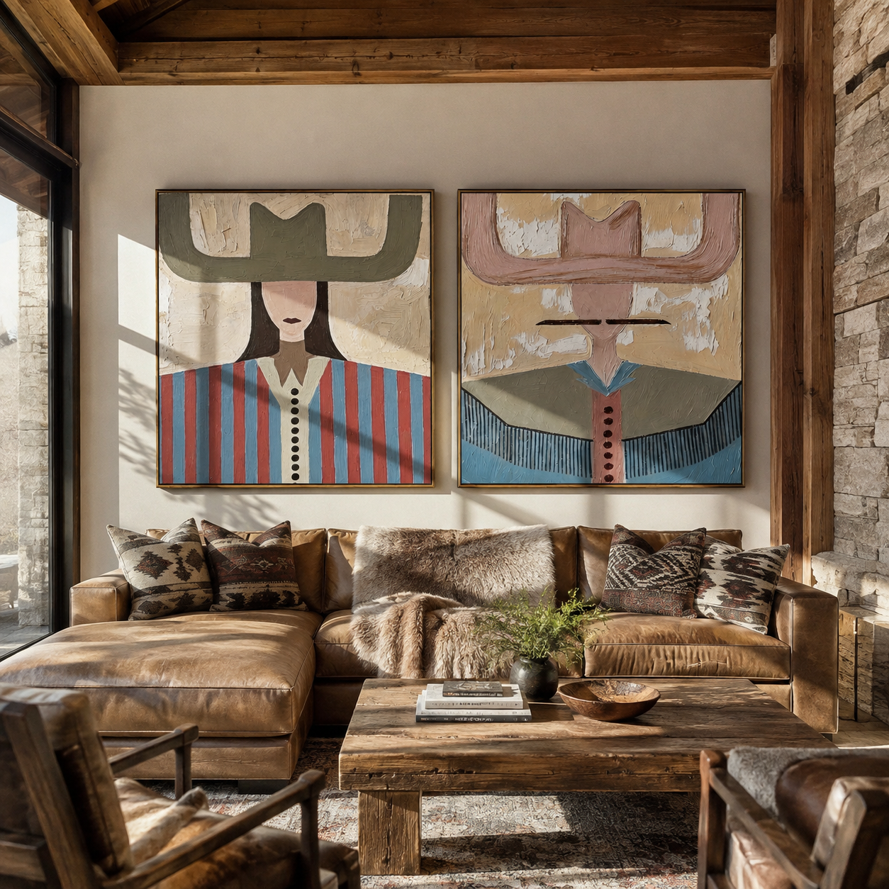 Winged Hats Meet Color Western diptych displayed in a contemporary interior