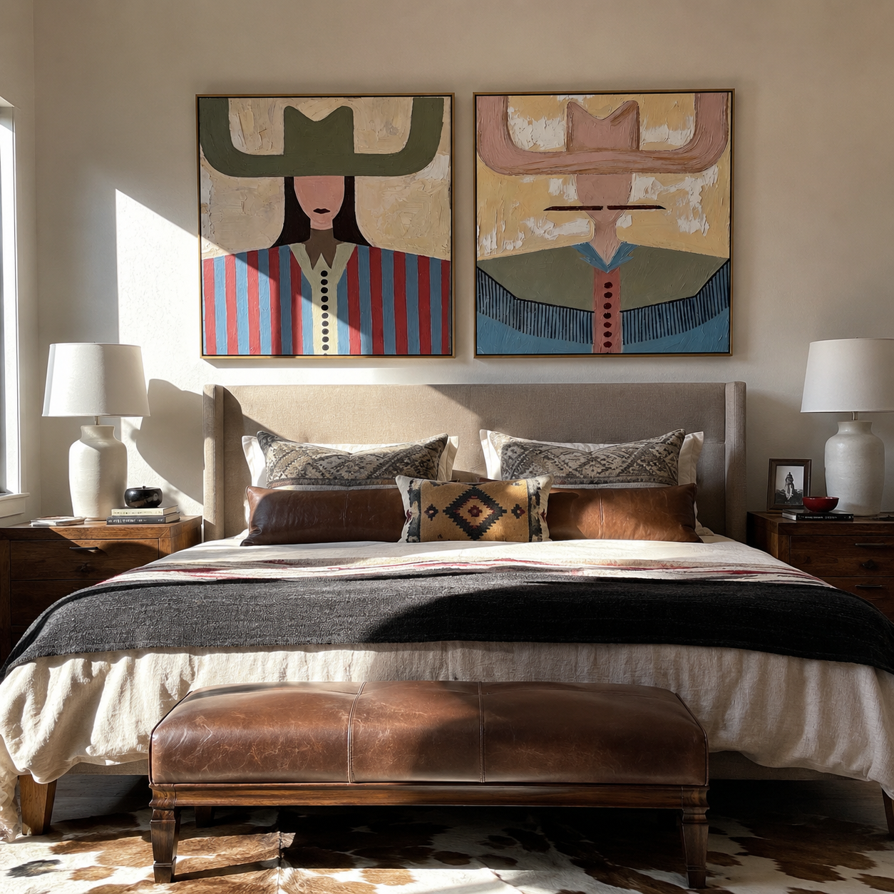 Winged Hats Meet Color Vintage Americana diptych in a collected room