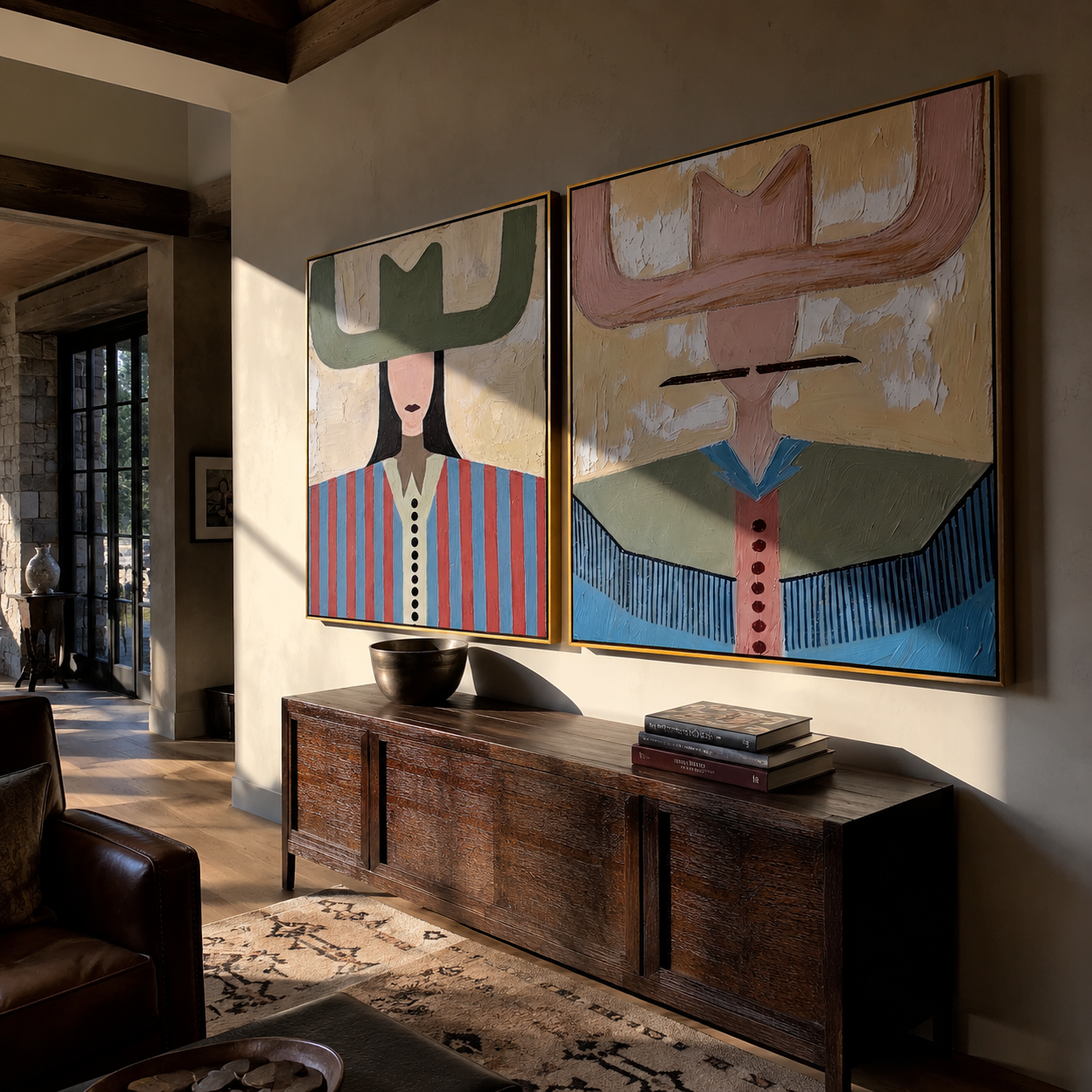 Winged Hats Meet Color diptych presented with natural materials and decor