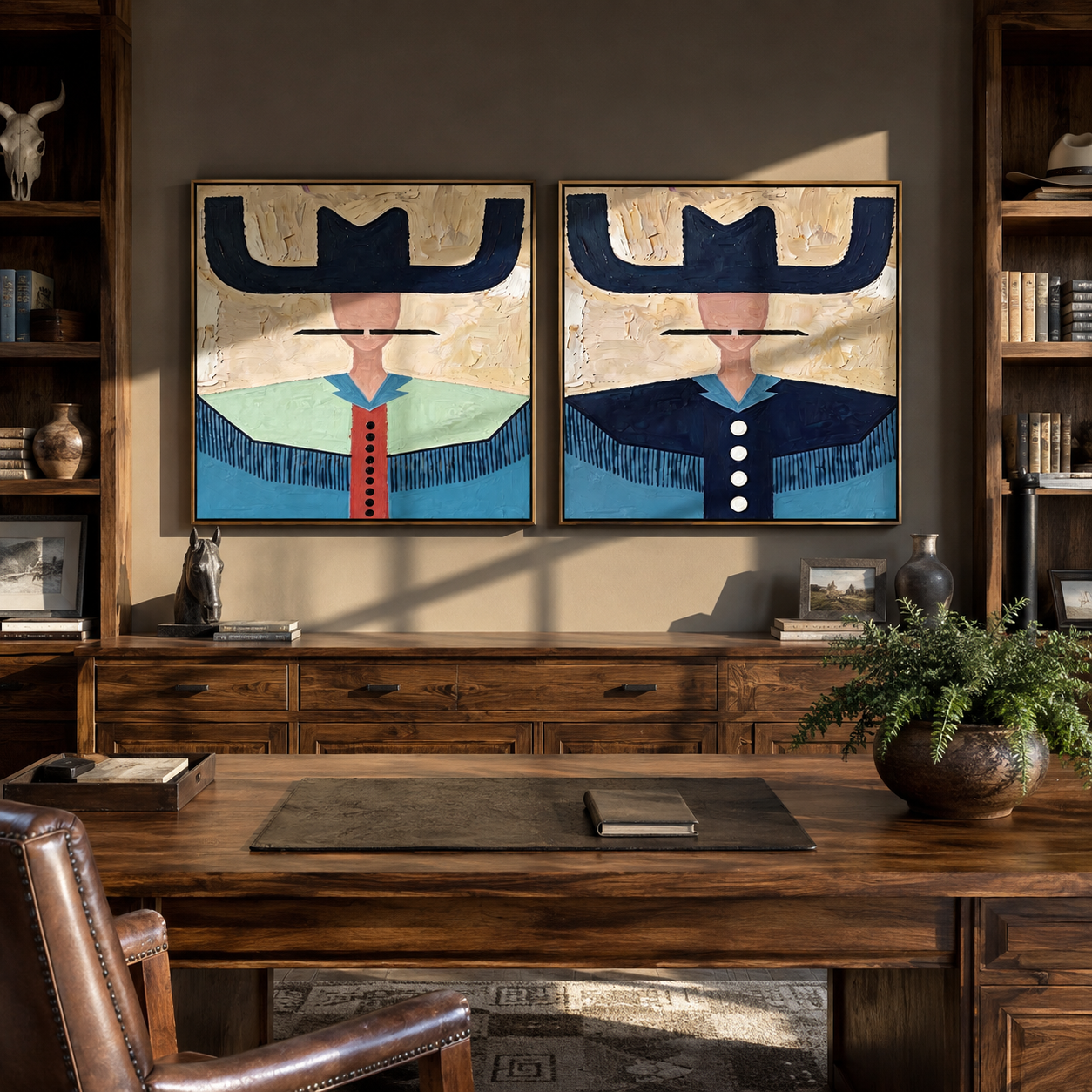 Dark Brims Keep Watch paired wall art styled above modern furniture