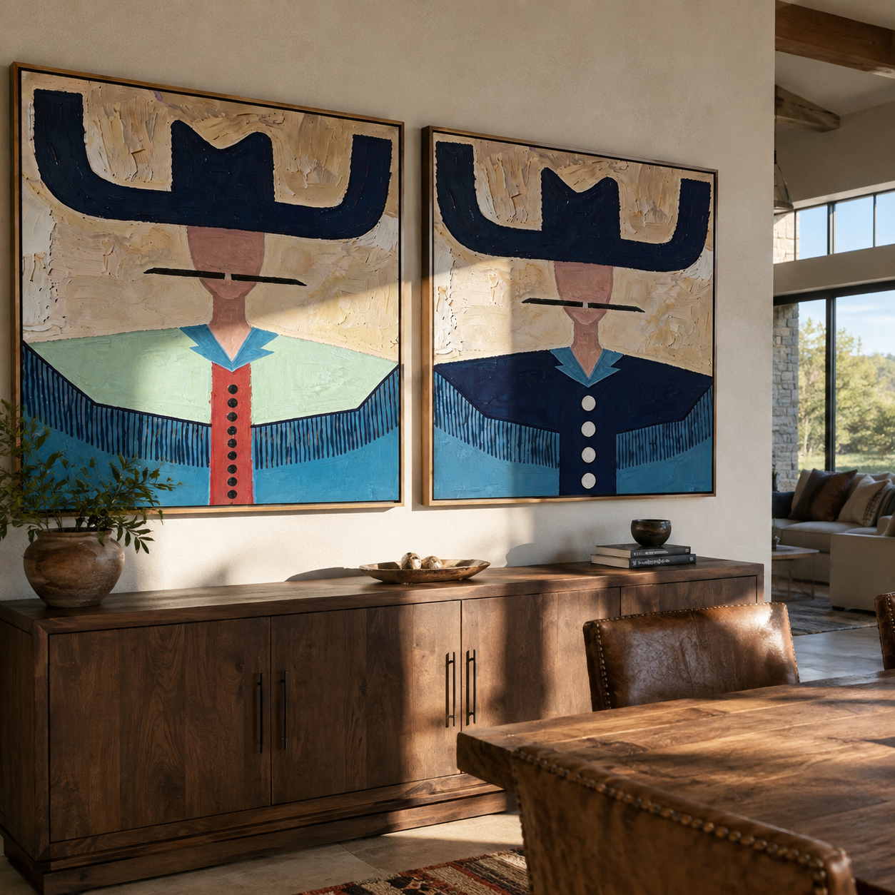 Dark Brims Keep Watch diptych presented with natural materials and decor