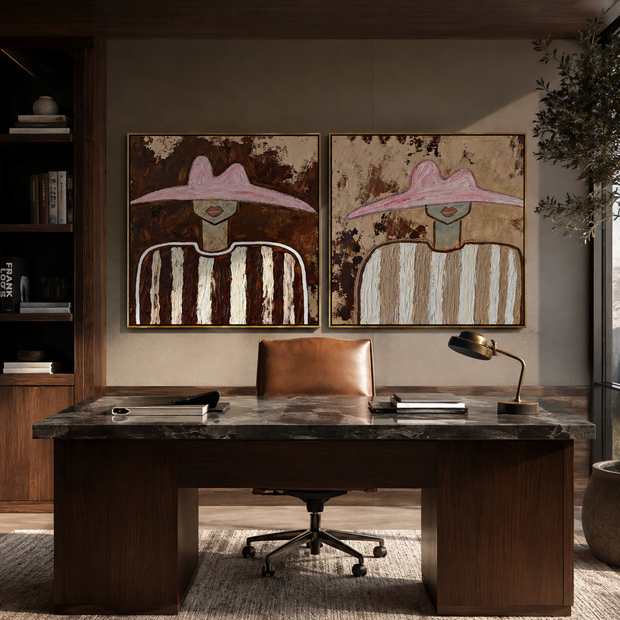 Rose Brims Cross Dust Western diptych displayed in a contemporary interior
