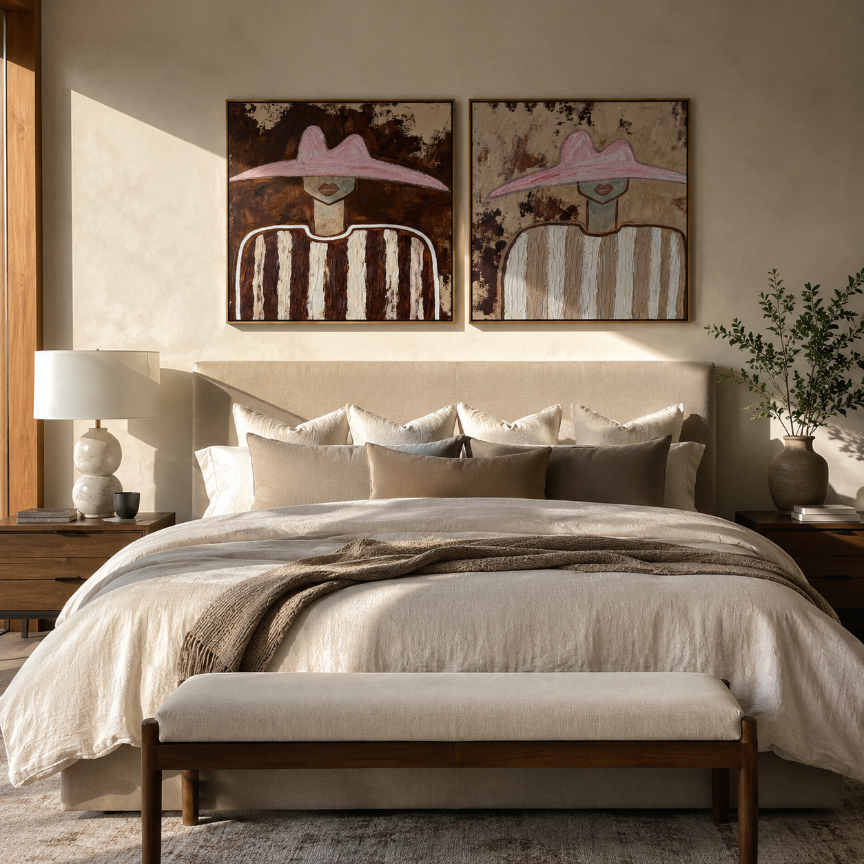Rose Brims Cross Dust paired wall art styled above modern furniture