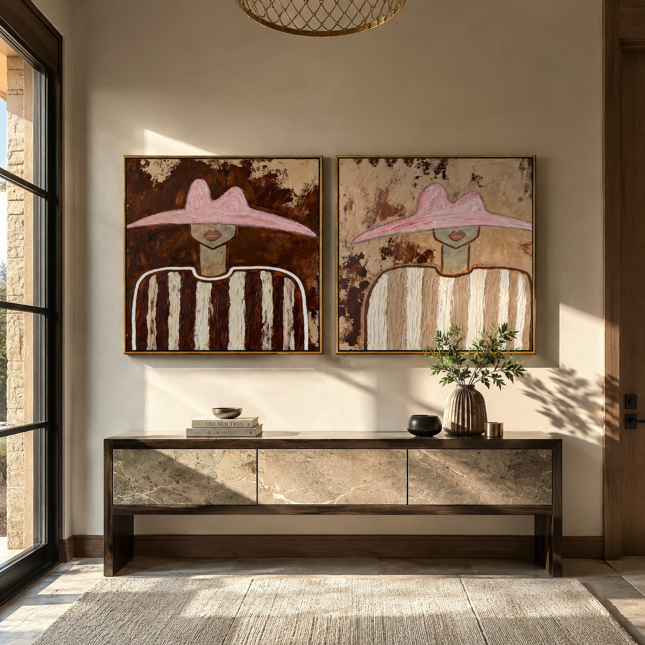 Rose Brims Cross Dust Vintage Americana diptych in a collected room