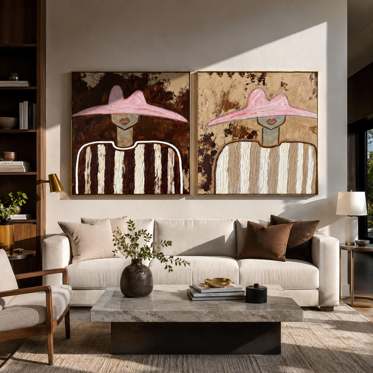 Rose Brims Cross Dust diptych presented with natural materials and decor